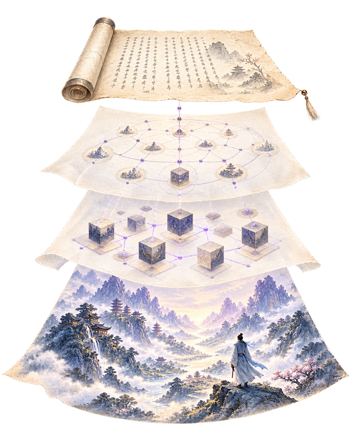 从文本、世界圣经、可执行规则到可玩互动世界的分层创作示意